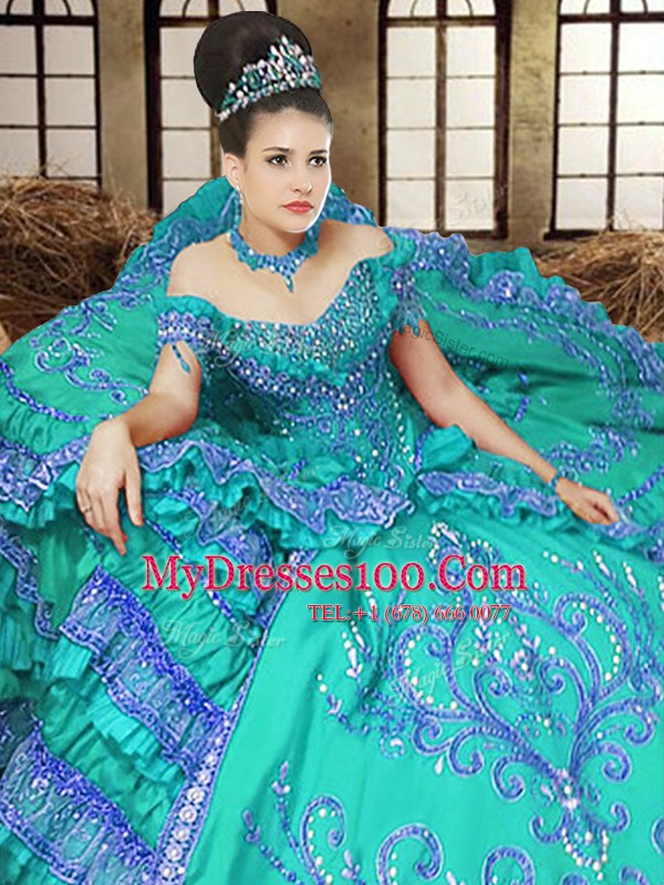 Customized Off the Shoulder Sleeveless Embroidery Lace Up Quince Ball Gowns