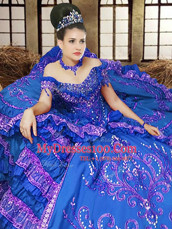 Romantic Off the Shoulder Royal Blue Sleeveless Satin Lace Up Quinceanera Dress for Military Ball and Sweet 16 and Quinceanera