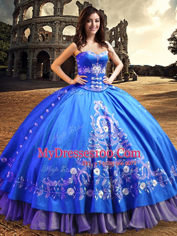 One Shoulder Sleeveless Satin Quince Ball Gowns Lace and Embroidery Lace Up