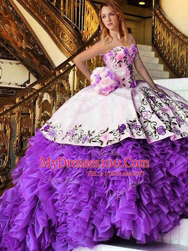 On Sale White And Purple Sweetheart Neckline Appliques and Embroidery Quinceanera Gowns Sleeveless Lace Up