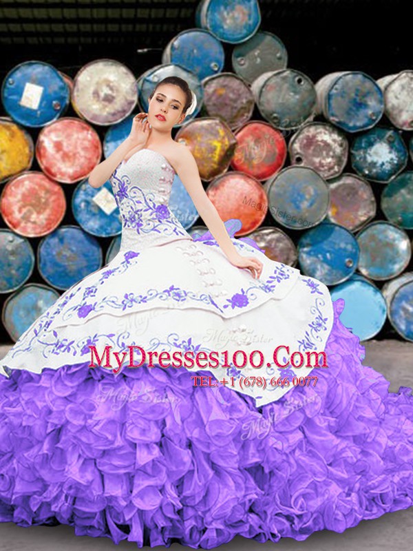Eye-catching White And Purple Sleeveless Floor Length Appliques and Embroidery and Ruffles Lace Up Quinceanera Gown
