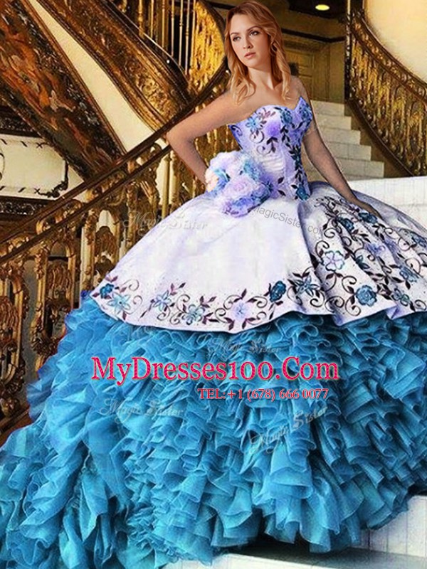 Great Baby Blue Organza Lace Up Quinceanera Gown Sleeveless Floor Length Appliques and Embroidery and Ruffles