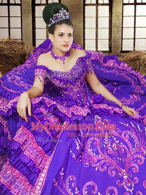 Ball Gowns Vestidos de Quinceanera Lavender Off The Shoulder Satin Sleeveless Floor Length Lace Up
