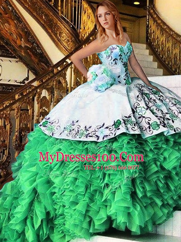 Fancy Organza Lace Up Sweetheart Sleeveless Floor Length Ball Gown Prom Dress Appliques and Embroidery and Ruffles