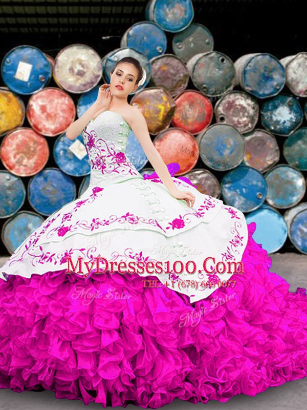 High Quality Multi-color Lace Up Sweetheart Appliques and Embroidery and Ruffles Sweet 16 Dresses Organza Sleeveless