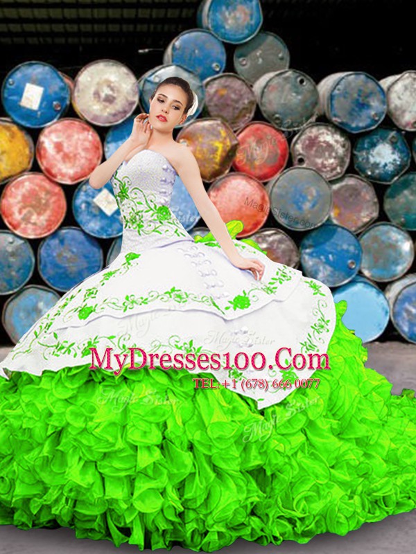 Pretty Sleeveless Appliques and Embroidery and Ruffles Floor Length Ball Gown Prom Dress