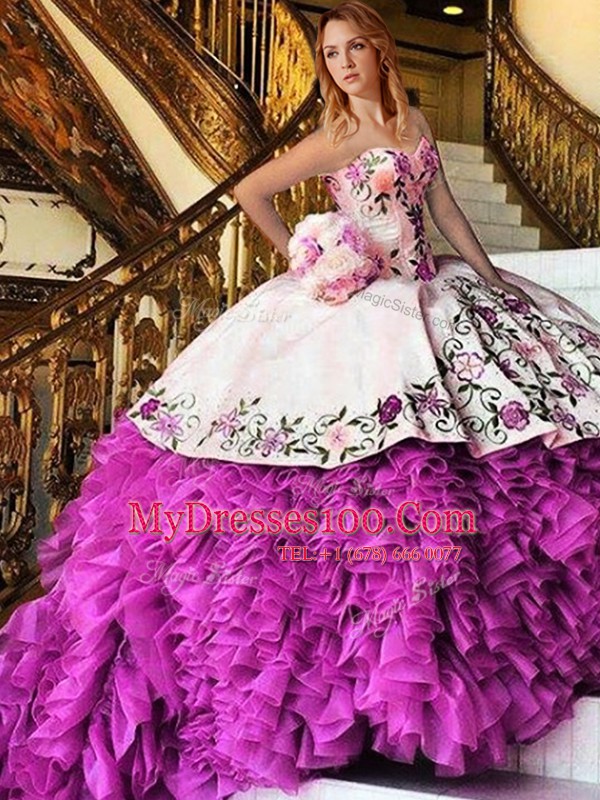 Floor Length Lace Up Sweet 16 Quinceanera Dress Pink And White for Military Ball and Sweet 16 and Quinceanera with Appliques and Embroidery