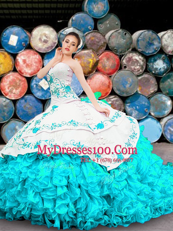 Cute Sweetheart Sleeveless Organza Quinceanera Gowns Appliques and Embroidery and Ruffles Lace Up
