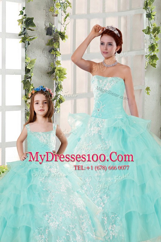Aqua Blue Quinceanera Gowns Military Ball and Sweet 16 and Quinceanera and For with Beading and Ruffled Layers and Ruching Strapless Sleeveless Lace Up