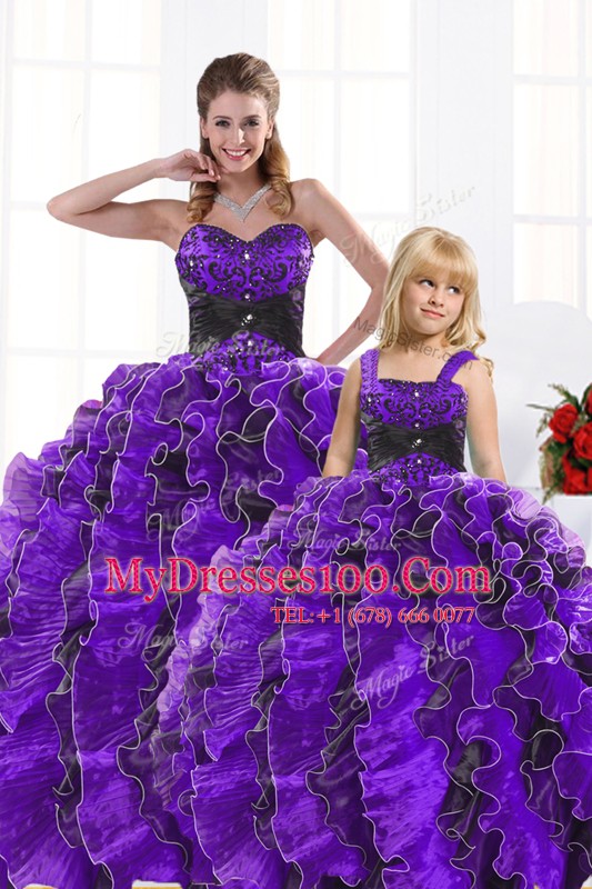 Nice Black And Purple Lace Up Sweet 16 Dresses Beading and Appliques and Ruffles Sleeveless Floor Length