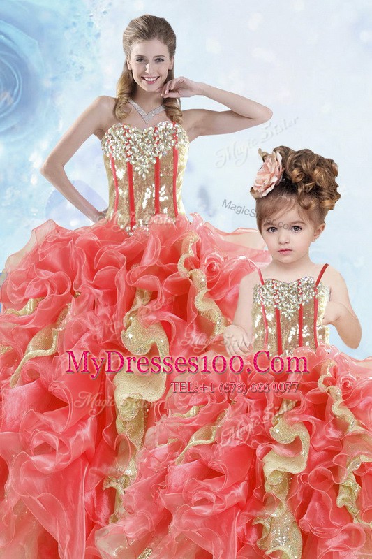 Custom Design Sleeveless Organza Floor Length Lace Up Sweet 16 Quinceanera Dress in Multi-color with Beading and Ruffles and Sequins