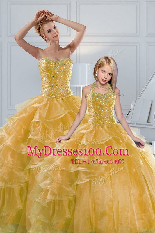Cute Organza Sweetheart Sleeveless Lace Up Beading and Ruffled Layers 15 Quinceanera Dress in Gold