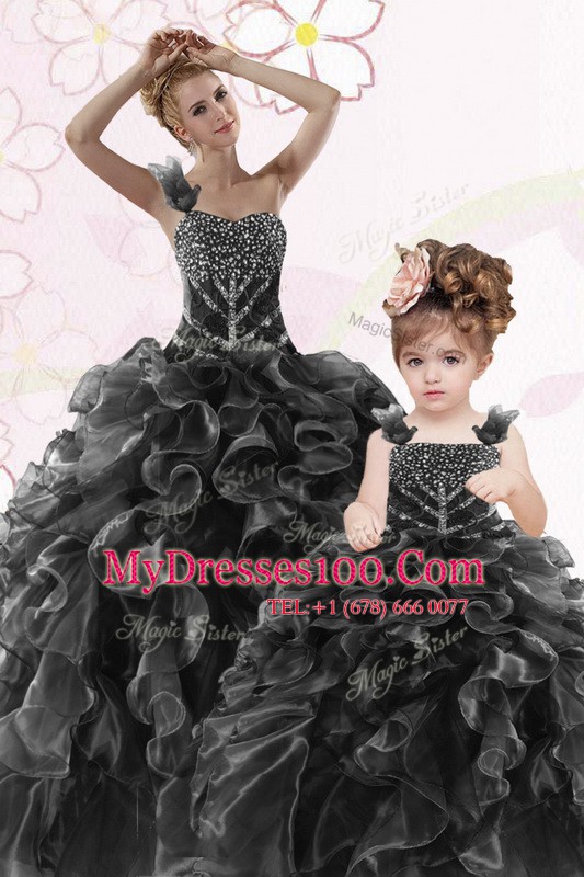 Modern One Shoulder Black Ball Gowns Beading and Ruffles Quinceanera Dresses Lace Up Organza Sleeveless Floor Length