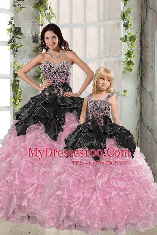Vintage Pink And Black Quinceanera Gown Military Ball and Sweet 16 and Quinceanera and For with Beading and Ruffles Sweetheart Sleeveless Lace Up