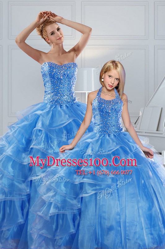 Pretty Baby Blue Sweet 16 Dress Military Ball and Sweet 16 and Quinceanera and For with Beading and Ruffled Layers Sweetheart Sleeveless Lace Up