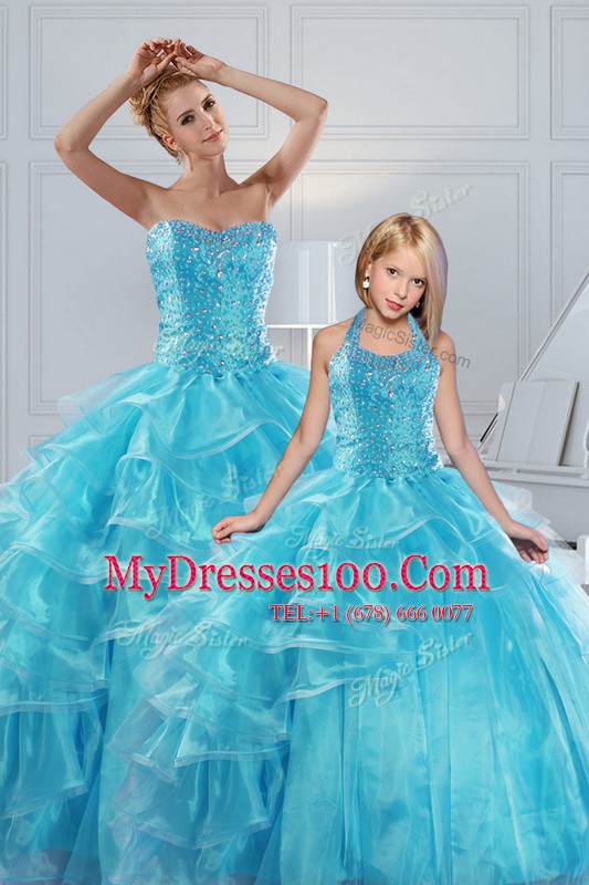 Sleeveless Floor Length Beading and Ruffled Layers Lace Up Quinceanera Dress with Aqua Blue