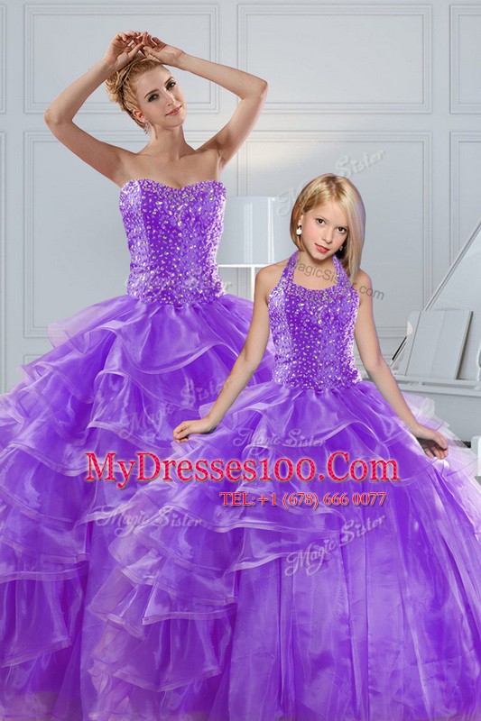 Floor Length Lace Up Vestidos de Quinceanera Lavender for Military Ball and Sweet 16 and Quinceanera with Beading and Ruffled Layers
