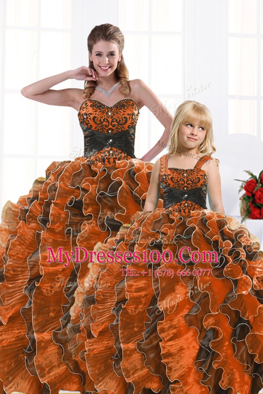 Top Selling Floor Length Orange Sweet 16 Quinceanera Dress Organza Sleeveless Beading and Appliques and Ruffles