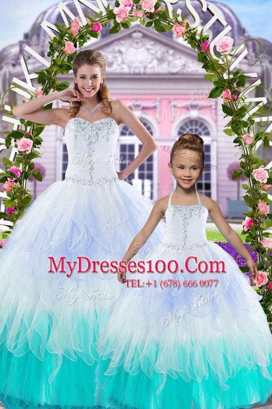Multi-color Ball Gowns Beading 15 Quinceanera Dress Lace Up Tulle Sleeveless Floor Length