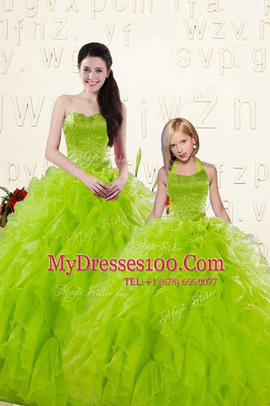 Yellow Green Organza Lace Up Quinceanera Gowns Sleeveless Floor Length Beading and Ruffles