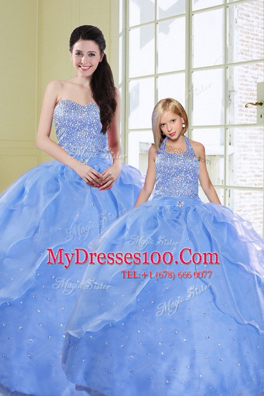 New Arrival Light Blue Lace Up Vestidos de Quinceanera Beading Sleeveless Floor Length