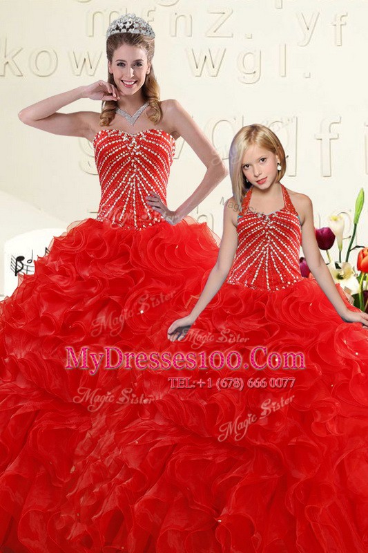 Custom Made Red 15 Quinceanera Dress Military Ball and Sweet 16 and Quinceanera and For with Beading and Ruffles Sweetheart Sleeveless Lace Up