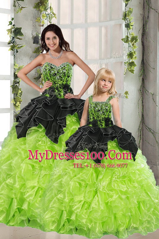Green Ball Gowns Beading and Ruffles Quinceanera Dress Lace Up Organza Sleeveless Floor Length