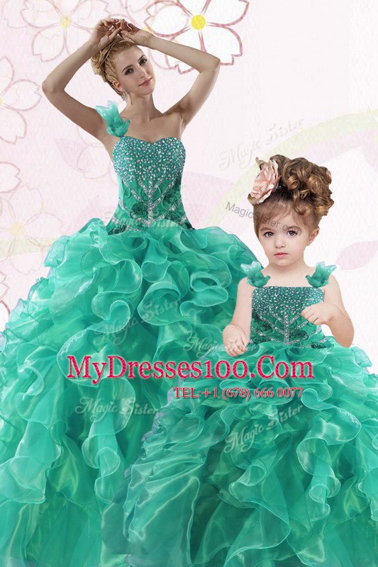 Turquoise One Shoulder Neckline Beading and Ruffles Vestidos de Quinceanera Sleeveless Lace Up