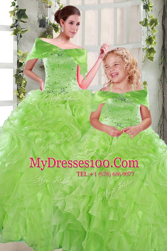 Organza Sleeveless Floor Length Ball Gown Prom Dress and Beading and Ruffles