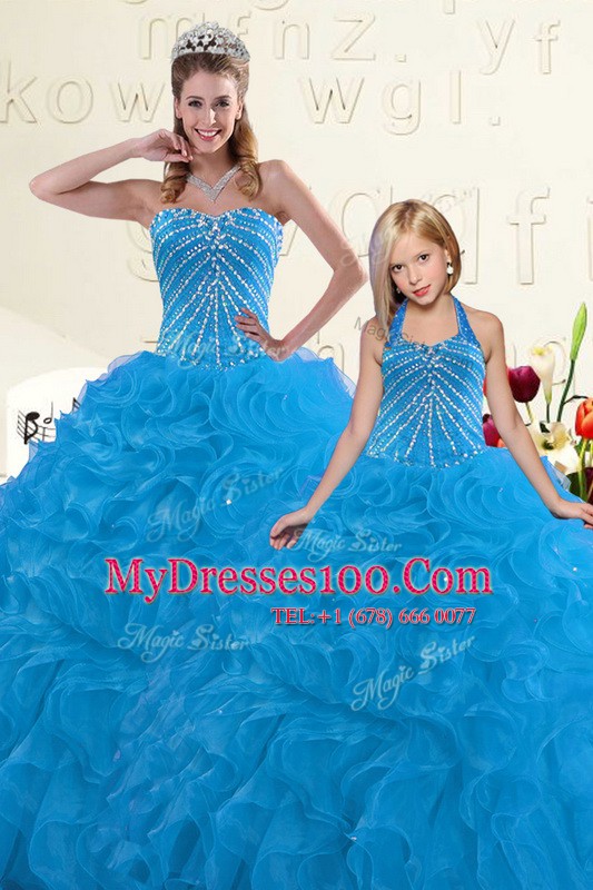 High Class Blue Sweetheart Neckline Beading and Ruffles Ball Gown Prom Dress Sleeveless Lace Up