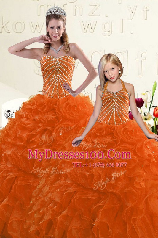 Floor Length Lace Up 15th Birthday Dress Orange for Military Ball and Sweet 16 and Quinceanera with Beading and Ruffles