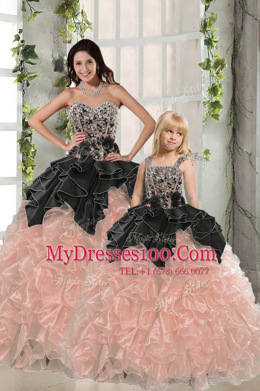 Peach Lace Up Sweetheart Beading and Ruffles Ball Gown Prom Dress Organza Sleeveless
