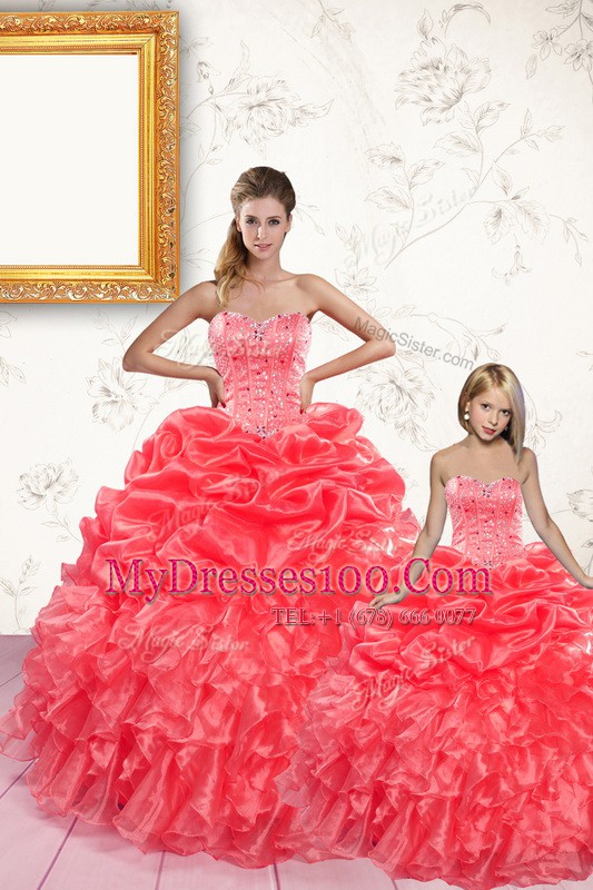 Coral Red Lace Up Quinceanera Dresses Beading and Ruffles and Pick Ups Sleeveless Floor Length