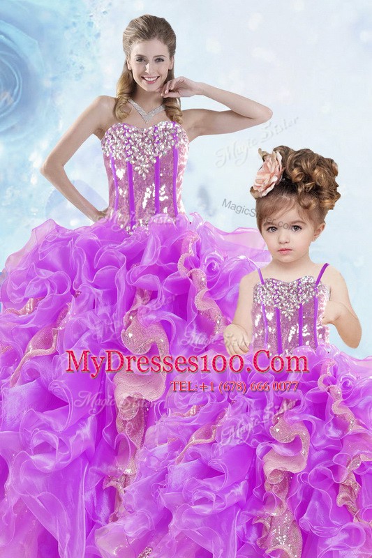 Adorable Sleeveless Floor Length Beading and Ruffles and Sequins Lace Up Quinceanera Gown with Multi-color