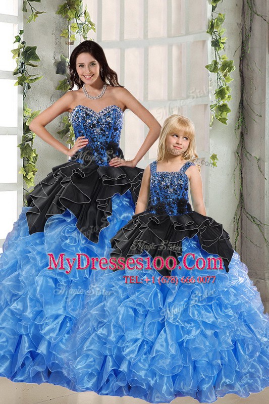 Sleeveless Floor Length Beading and Ruffles Lace Up Quinceanera Dress with Black and Blue