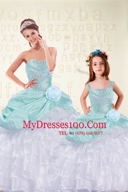 Low Price Sweetheart Sleeveless Quinceanera Dress Floor Length Ruffled Layers Aqua Blue Organza and Taffeta