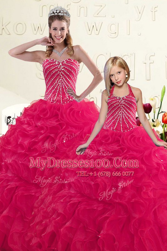 Floor Length Ball Gowns Sleeveless Hot Pink Sweet 16 Dress Lace Up