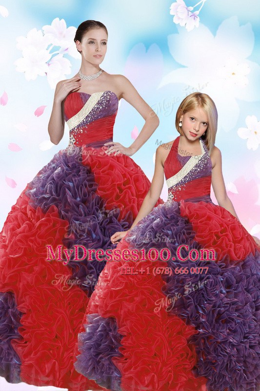 Dramatic Floor Length Coral Red Sweet 16 Dresses Strapless Sleeveless Lace Up