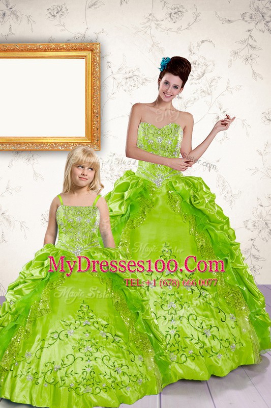 Halter Top Yellow Green Taffeta Lace Up 15th Birthday Dress Sleeveless Floor Length Beading and Embroidery and Pick Ups