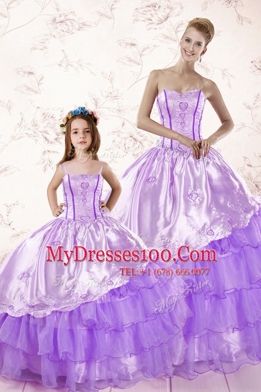 Custom Designed Sleeveless Organza Floor Length Lace Up 15 Quinceanera Dress in Lavender with Embroidery and Ruffled Layers