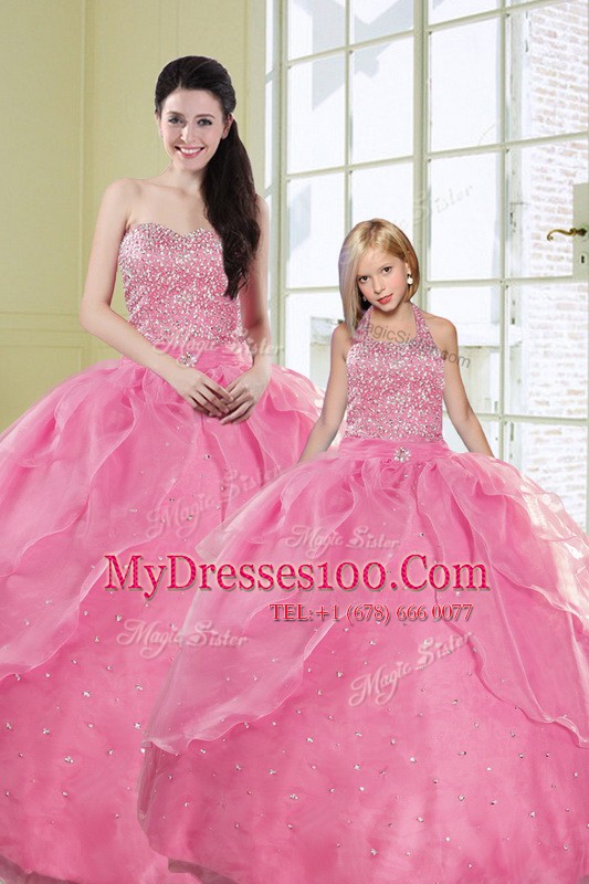 Rose Pink 15th Birthday Dress Military Ball and Sweet 16 and Quinceanera and For with Beading and Sequins Sweetheart Sleeveless Lace Up