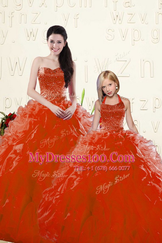 Latest Long Sleeves Floor Length Lace Up Sweet 16 Dresses Red for Military Ball and Sweet 16 and Quinceanera with Beading and Ruffles