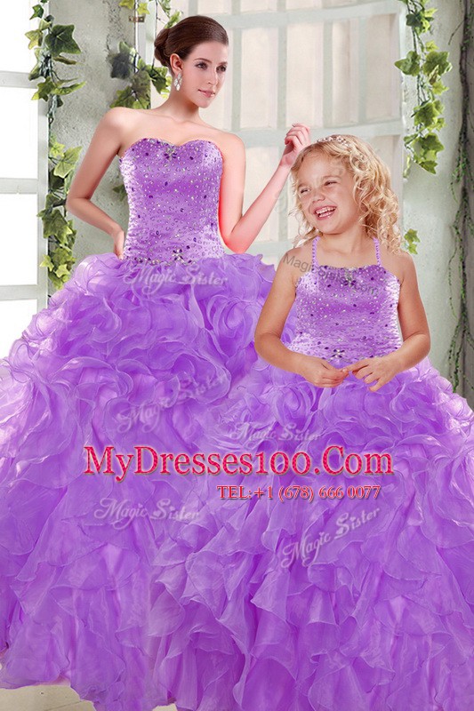 Floor Length Purple Quinceanera Dresses Organza Sleeveless Beading and Ruffles