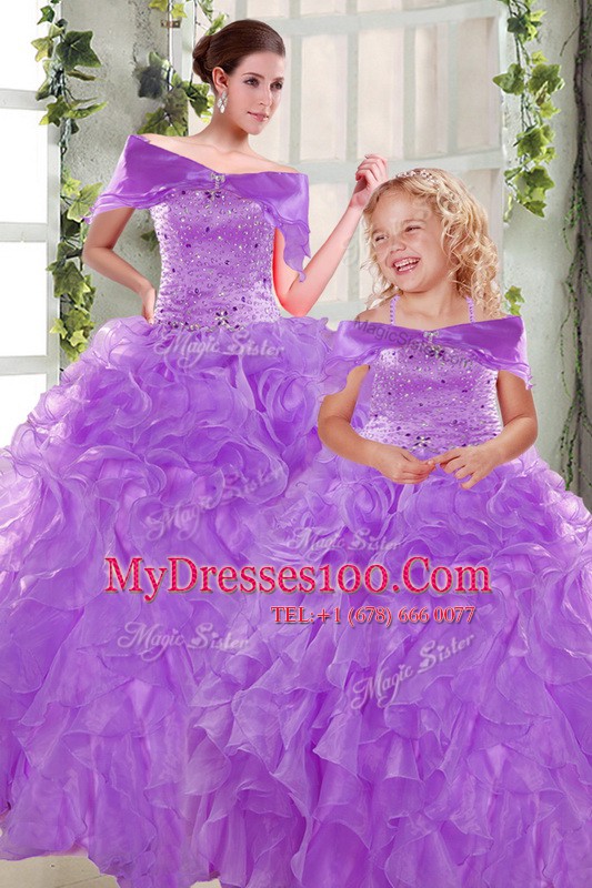 Floor Length Purple Quinceanera Dresses Organza Sleeveless Beading and Ruffles