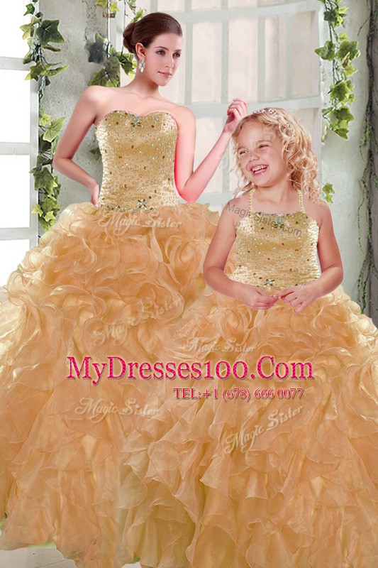 New Arrival Strapless Sleeveless Organza Quinceanera Gown Beading and Ruffles Lace Up