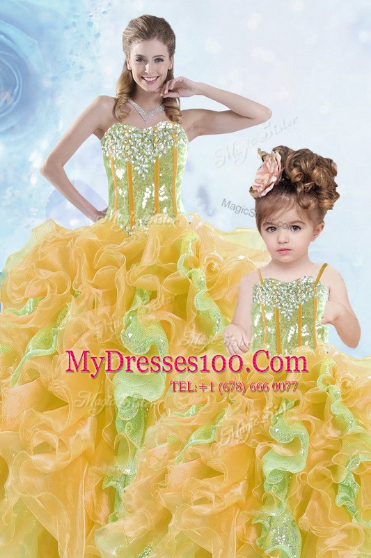 Floor Length Multi-color Vestidos de Quinceanera Organza Sleeveless Beading and Ruffles and Sequins