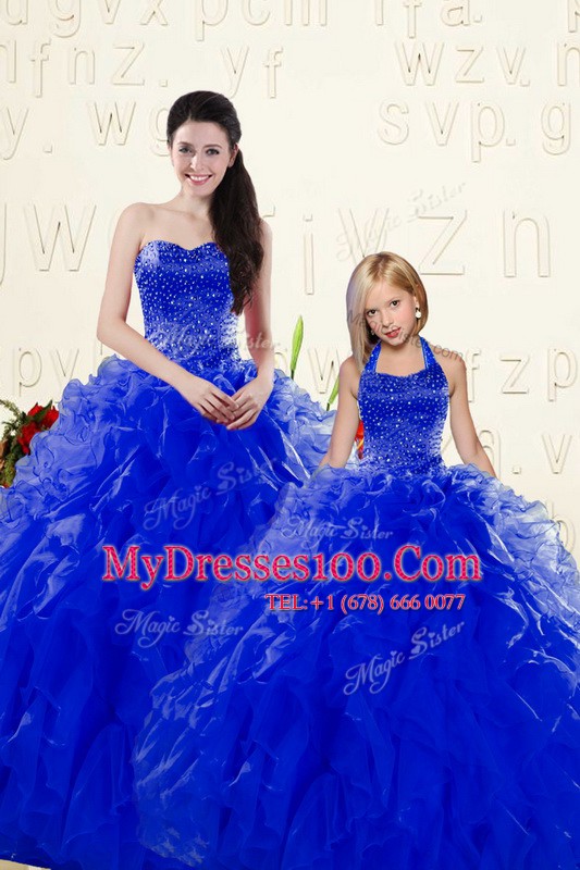 Deluxe Sweetheart Sleeveless Lace Up Sweet 16 Dress Royal Blue Organza