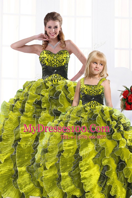 Clearance Beading and Appliques and Ruffles Sweet 16 Quinceanera Dress Yellow Green Lace Up Sleeveless Floor Length