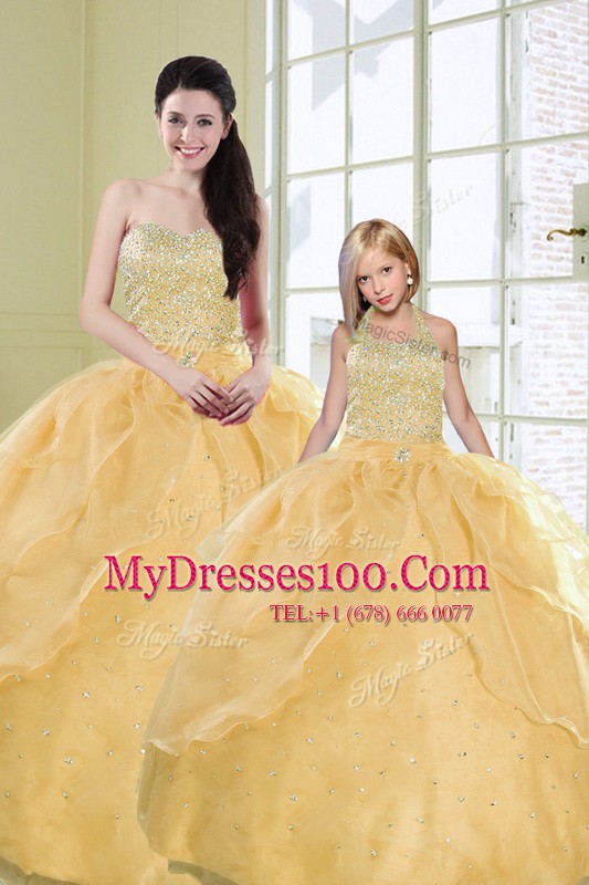 Floor Length Lace Up Quince Ball Gowns Gold for Military Ball and Sweet 16 and Quinceanera with Beading and Sequins
