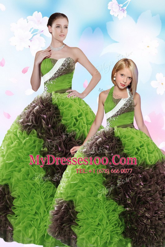 Fabric With Rolling Flowers Sleeveless Floor Length 15 Quinceanera Dress and Beading and Sequins